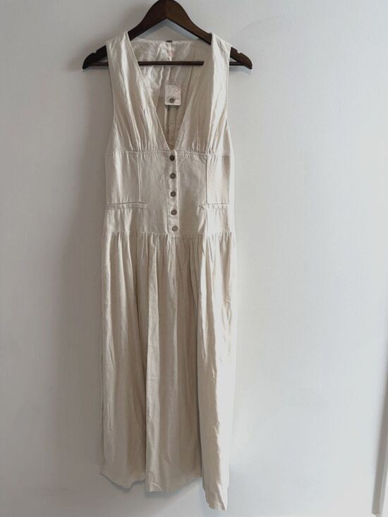 Free People Dresses & Skirts - Free People Sleeveless Button Front Midi Dress Womens S Natural Cream Pocket Dre